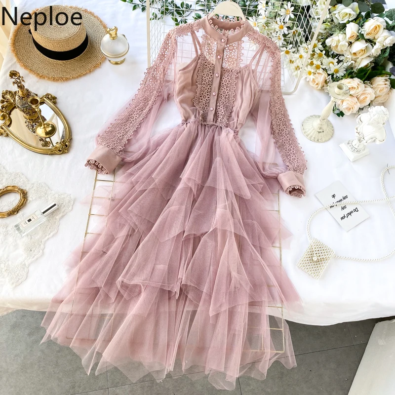 Neploe Korean Irregular Mesh Long Dress High Waist Hip Lace Patch A Line Vestido Sexy Perspective Puff Sleeve Ropa 49194 | Женская