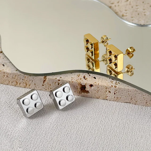 ENFASHION Building Block Stud Earrings For Women Piercing Small Earings Stainless Steel Fashion Jewelry Gold Kolczyki E211341 5