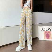

Real shot ice silk wide-leg pants women's summer thin high-waist drape loose straight-leg casual tie-dye bohemian trousers
