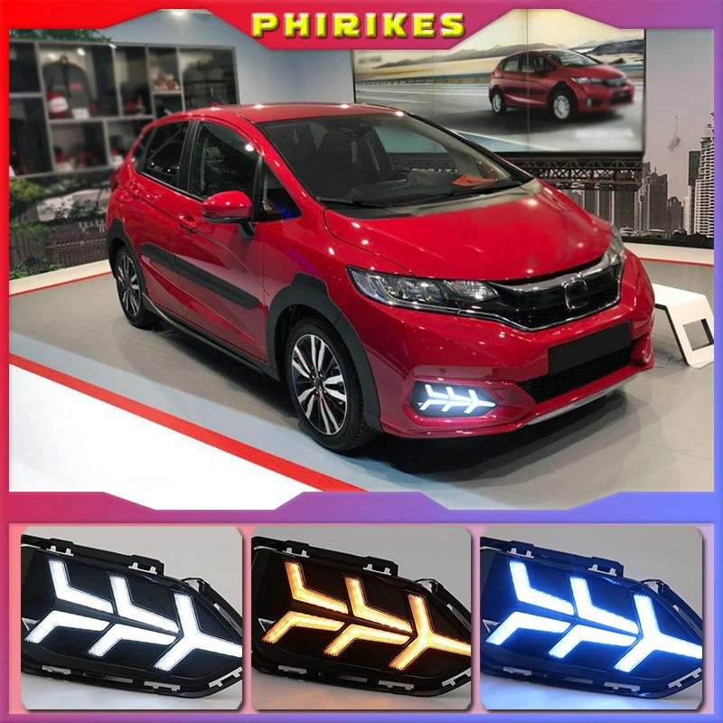 

2pcs LED Daytime Running Lights DRL Fog lamp cover with Yellow turning signal lights For Honda Jazz fit 2018 2019