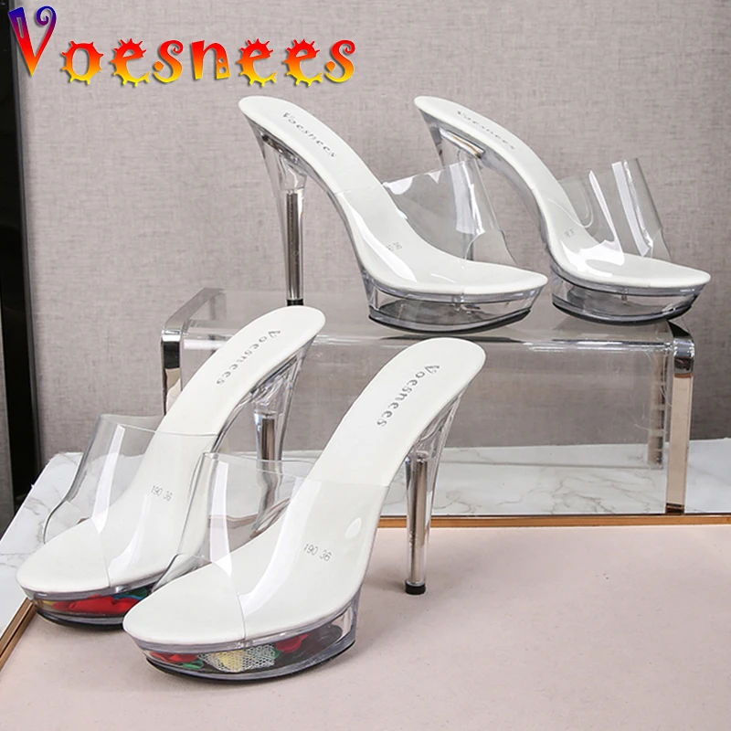 

Clear New Style Women Slippers 2021 Summer Flowers Non-slip Crystal Female Shoes Thin Heel Sandals 12.5cm Glowing High Heel