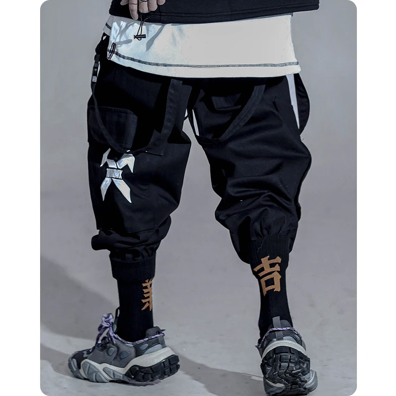 Men's clothes Multi war zone functional wind legged pants large pocket casual Ribbon Harajuku fashion Overalls Street dress 3