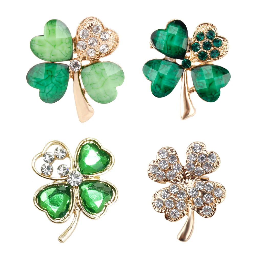 4 Pcs/Lot Green Four Leaf And Rhinestones Lapel Pins Beautiful Crystal Brooches for Women Jewelry Gift