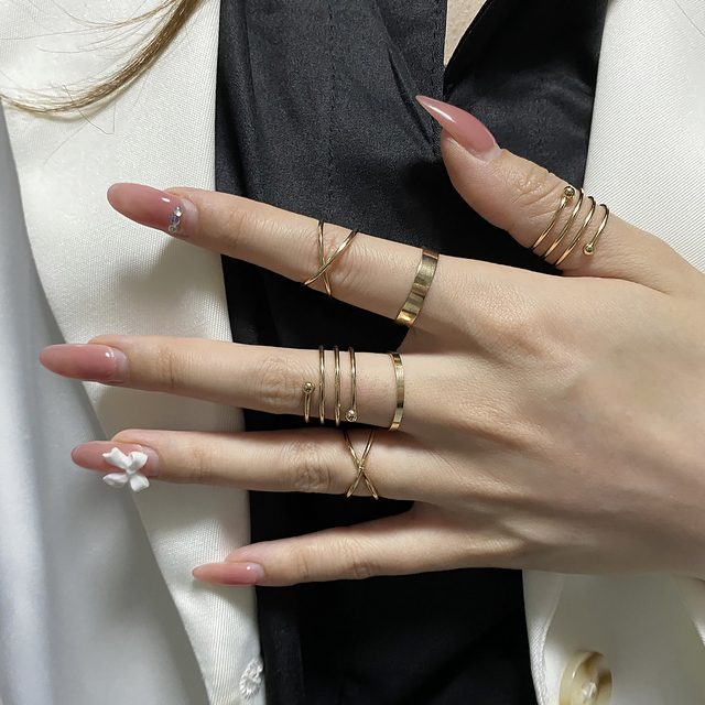 Women Ring Set Punk Cool Anillos Vintage Simple Black Cross Chain Joint Rings Sets Women Accessories Jewelry Gifts Party