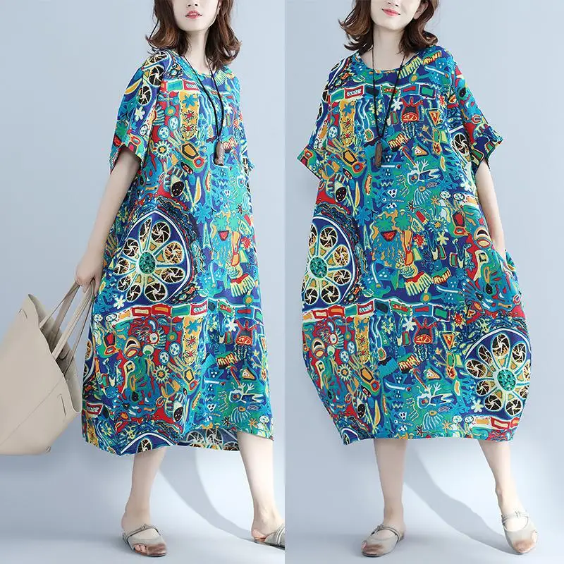 

Plus-sized WOMEN'S Dress 2019 Summer Style Ethnic-Style 250 of Fat Mm Slimming Loose-Fit Mid-length Dress