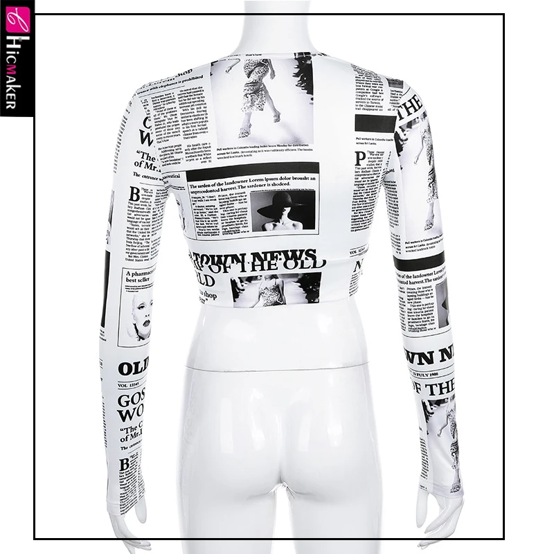 Women Newspaper Printed Long Sleeve Plunge V-neck Crop Top Chic Casual Stretch Spring Fall Sexy& Club Top Shirt