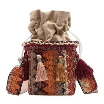 

Women Drawstring Bucket Crossbody Fashion Ethnic Style Tassels Single Shoulder Handbags Female Causal Small Messenger