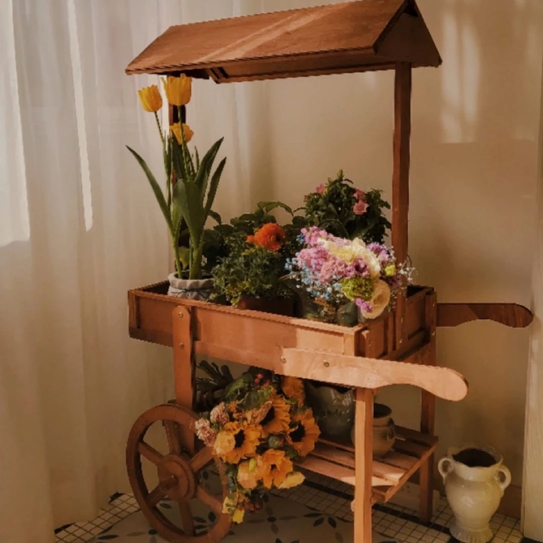 カスタマイズされたアメリカのレトロな庭のガーデニング多肉植物フラワースタンドの装飾木製のバルコニーラックホイールパストラルストールカート フィギュア ミニチュア Aliexpress
