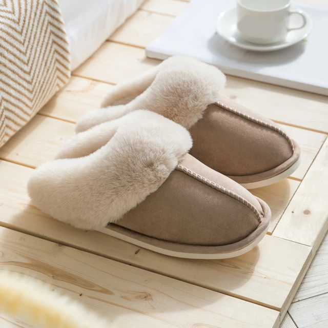 Home Women Full Fur Slippers Winter Warm Plush Bedroom Non-Slip Couples Shoes Indoor Ladies Furry Slippers 4