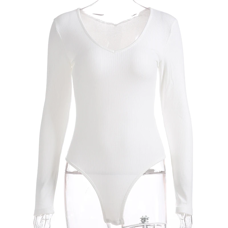 Rapwriter Casual V-Neck Long Sleeve Ribbed Skinny Bodysuit Women Autumn Winter Basic Sexy Slim Open Crotch Bodysuit Top