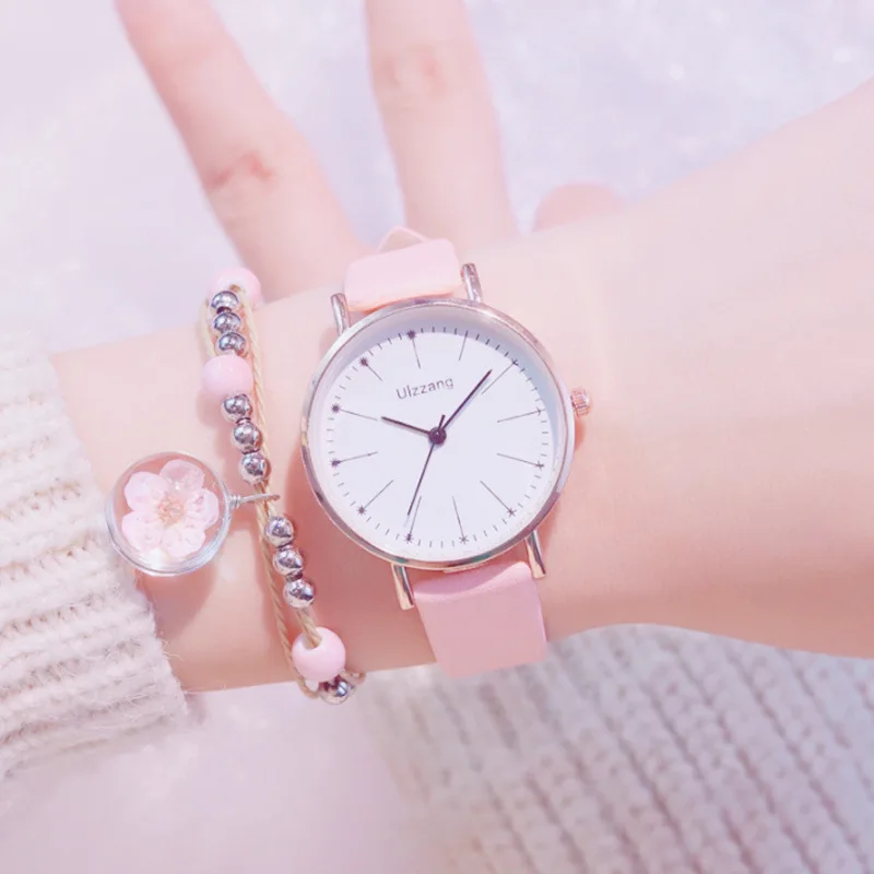 Простые Модные женские кварцевые часы 2019 Ulzzang брендовые свежие розовые кожаные
