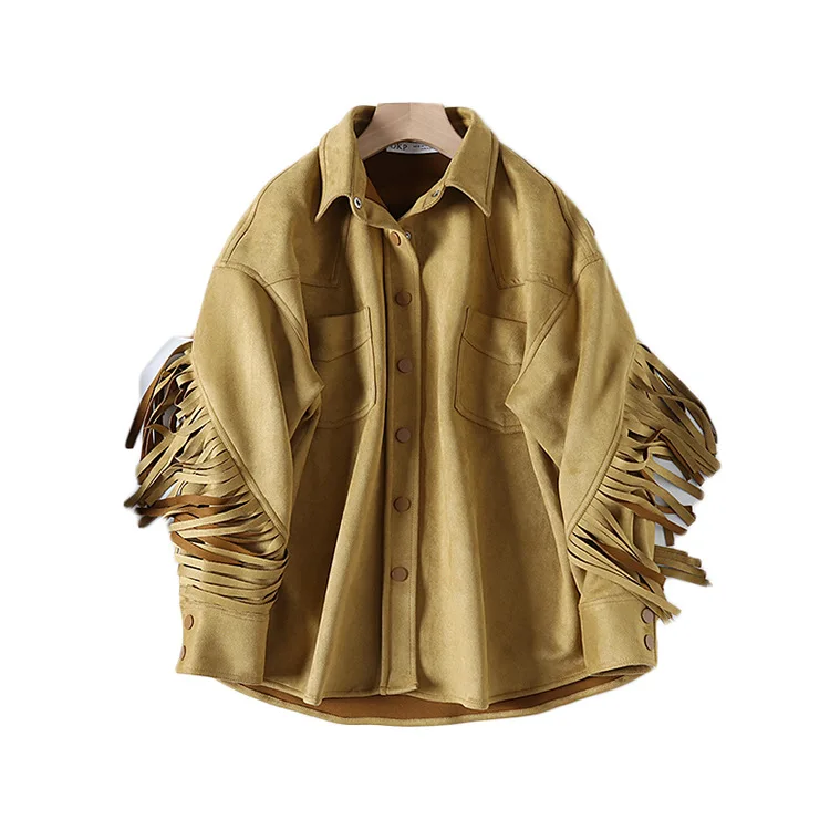 

A Generation of Non-mainstream Retro Tassels Sleeve Explicit White Ginger Mustard Yellow Suede Loose-Fit Slimming Coat Entity