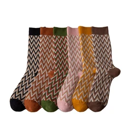 5 Pairs/Lot Cotton Socks Women New Autumn Winter Wave Pattern Middle Tube Cotton Long Socks Korea Style Fashion Happy Socks Cute