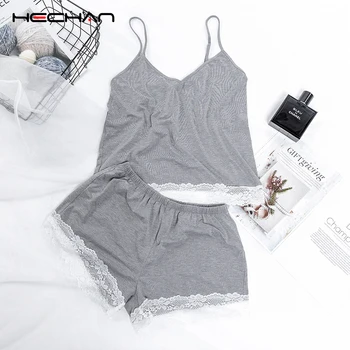 

HECHAN Gray Female Pajamas Top And Shorts Sleepwear Cotton Knitted Two Piece Set Women Sexy V Neck Lace Camis Autumn Casual Set