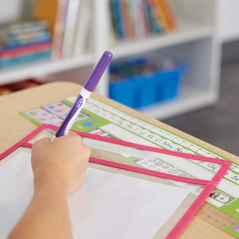 

Reusable Dry Erase Pocket Sleeves with Marker Holder (12 Pack) - Assorted Colors, Adult and Children. Use for School, Work, Teac