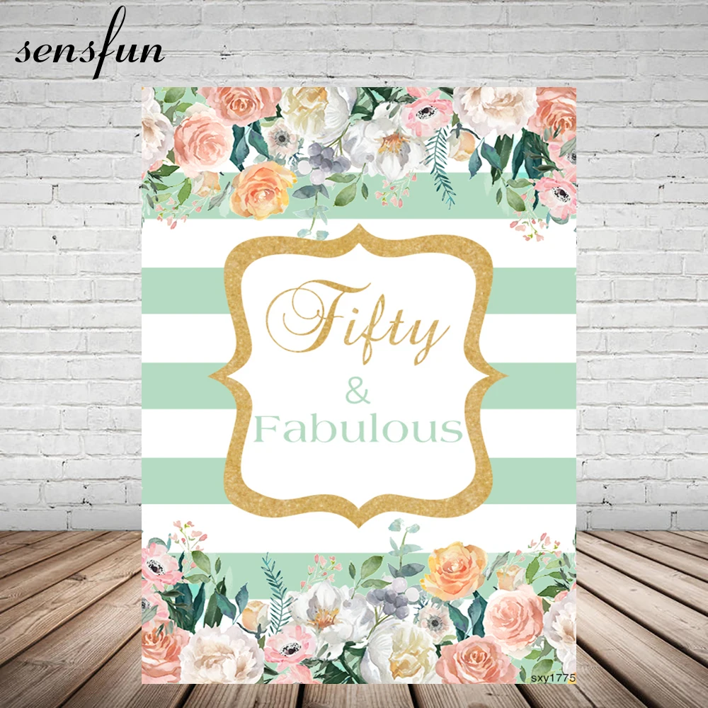 Sensfun Lady Women Fifty & Fabulous Birthday Party Backgrounds For Photo Studio Flowers Mint White Striped Photography Backdrop |