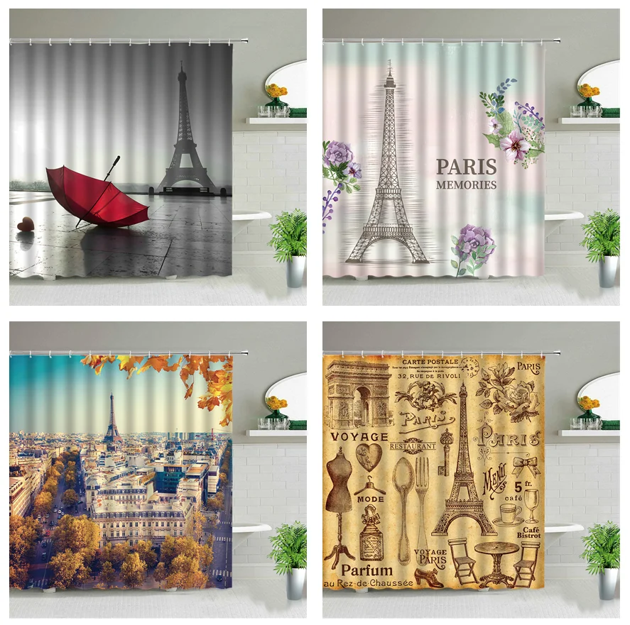 

Paris Tower Shower Curtains Landscape Romantic Valentine's Day Bathtub Partition Curtain Bathroom Decor Waterproof Polyester