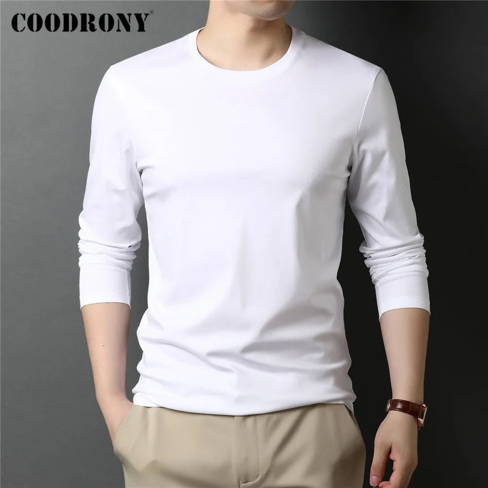 COODRONY Brand Spring Autumn High Quality Classic Casual Pure Color 100% Mercerized Cotton O-Neck Long Sleeve T Shirt Men C5066