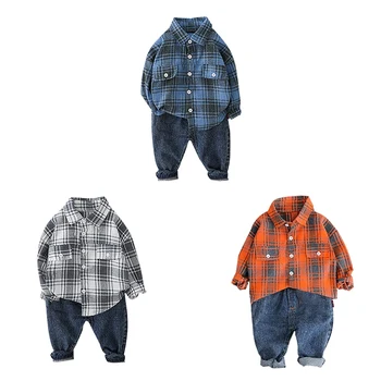 

New Casual Tops And Denim Pants Summer Children Boys Clothes Sets Cartoon Plaid Printed Long Sleeve T-shirt Lapel New Arrival