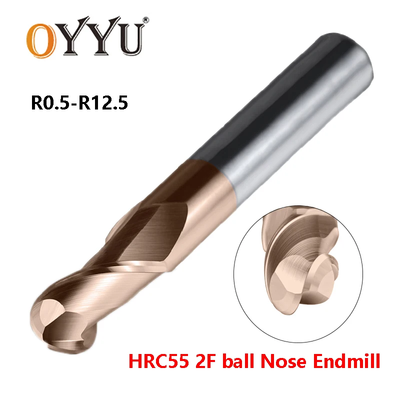 

OYYU HRC55 2 Flute Solid Carbide Ball Nose End Mills Tungsten Steel CNC Cutting Milling Cutter Alloy Round Head Router Bit R0.5