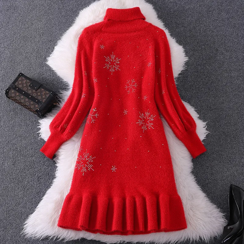 Европейская мода, женское платье на осень и зиму, Vestidos, элегантное, длинный рукав, водолазка, бриллианты, гофрированный подол, толстый свитер, платья