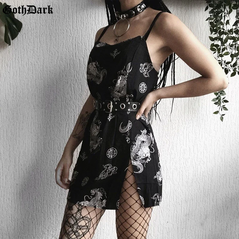 Женское платье с разрезом Goth Dark винтажное принтом дракона высокой талией на