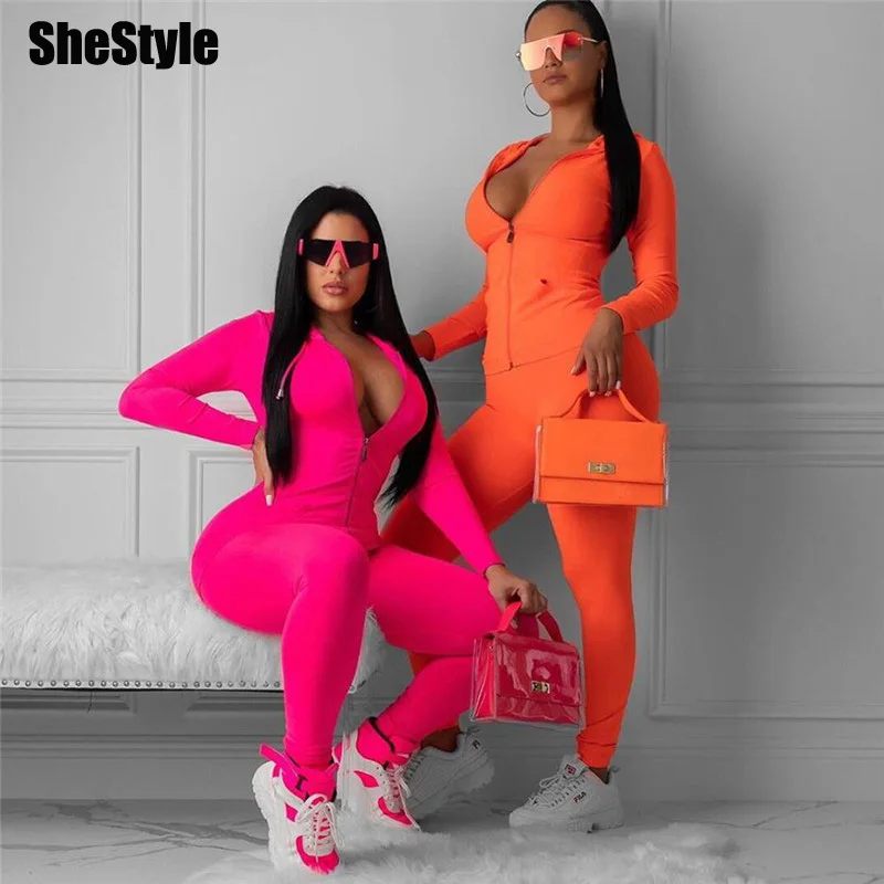 

Shestyle Neon Sporting Workout Tracksuits Women 2019 Autumn Zip Up Jacket Long Pant Skinny Casual 2 Two Piece Sets Orange Pink