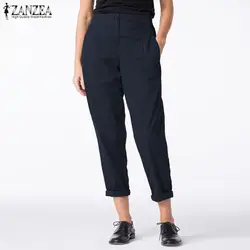 ZANZEA женские брюки офисные женские Рабочие Брюки повседневные однотонные длинные брюки свободные карманы спереди молния сзади эластичная