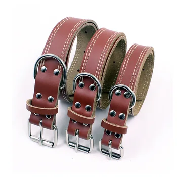 

Genuine Leather Dog Collar Durable Vintage Heavy duty Rustproof Double D-Ring Pet Collar For Medium Large Dogs