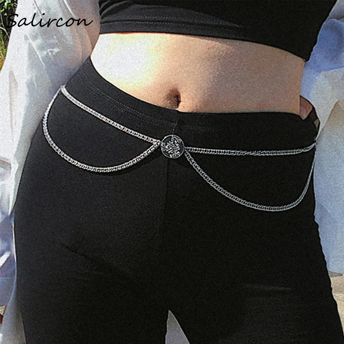 

Salircon Punk Simple Alloy Waist Chain FakeTwo Layers Handmade Exquisite Adjustable Practice Body Chain Jewelry Gifts for Women