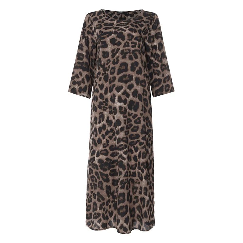Винтажное женское длинное платье макси с леопардовым принтом, Летний Пляжный сарафан, женские повседневные свободные вечерние платья с рукавом 3/4, Vestido S-5XL - Цвет: Хаки