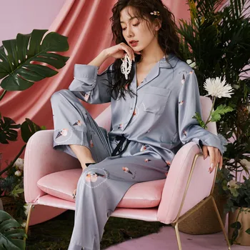 

Fiklyc New pajamas spring and summer ice silk thin section loose long sleeve trousers home service ladies two-piece suit