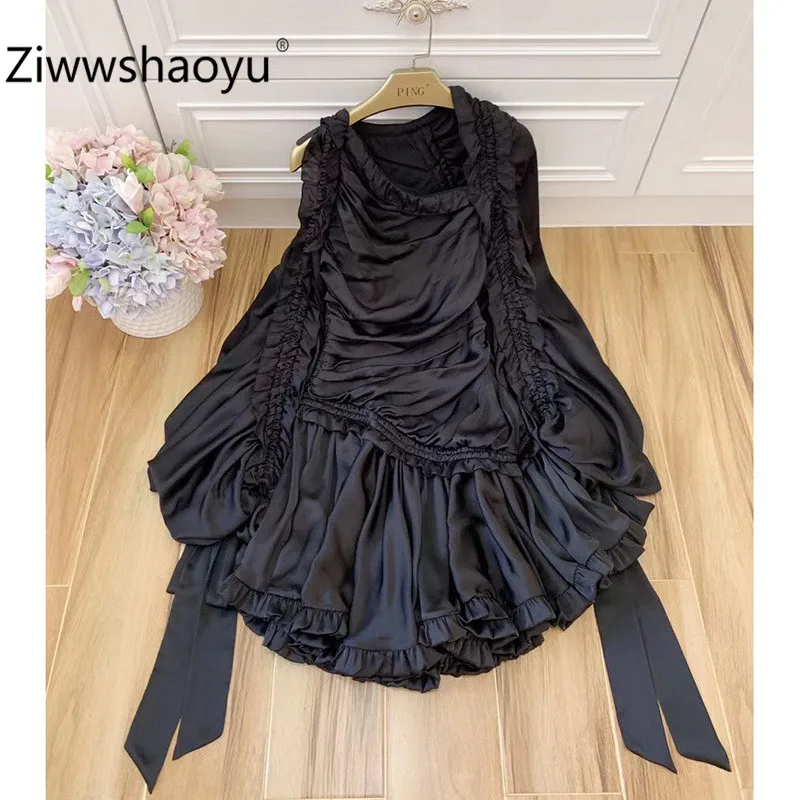 

Ziwwshaoyu 2020 Spring Summer Designer High-End Silk Ruched Bodycon Off Shoulder Vintage Party Black Mini Dress Women's