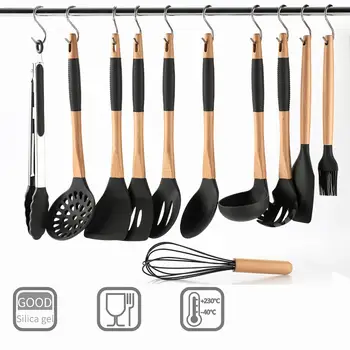 

Hot 11Pcs Kitchen Cooking Utensils Set Silicone Non-stick Cooking Utensils Set with S Shaped Hook Wooden Handle Kitchenware Set