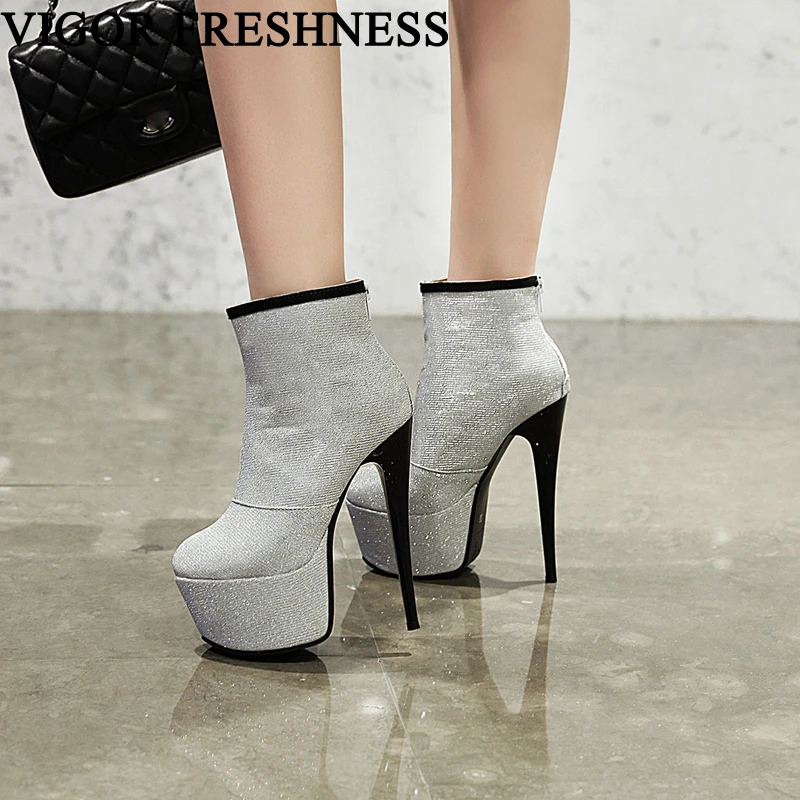 

VIGOR FRESHNESS Women Boots 16CM Heels Shoes Woman Bling Ankle Boots Ladies Dress Boots Autumn Shoes Sexy Shoes Wedding MY407
