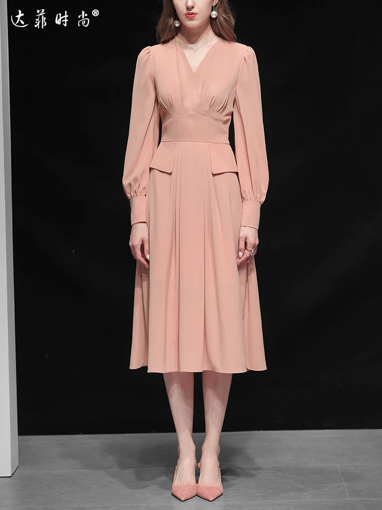 Дизайнерское платье для подиума, женское высококачественное элегантное розовое шифоновое платье с v-образным вырезом и длинным рукавом-фонариком, осеннее платье миди для женщин