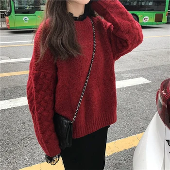 

Women Pullover Sweaters Harajuku Loose Round Neck Lace Stitching Knit Sweater Winter 2019 Blusa