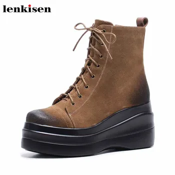 

Lenkisen preppy style waterproof thick bottom cow leather boots round toe lace up winter keep warm women vintage ankle boots L63