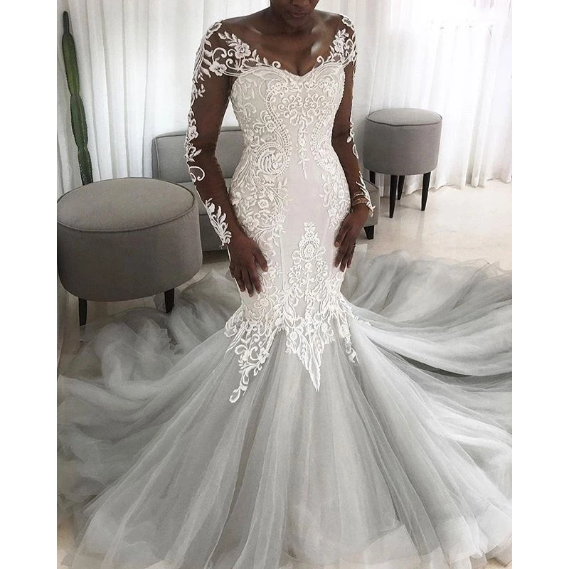 African Lace Illusion Back Mermaid Wedding Dress Sample Princess Muslim Long Tail Wedding Gowns With Sleeves Wedding Dresses Aliexpress