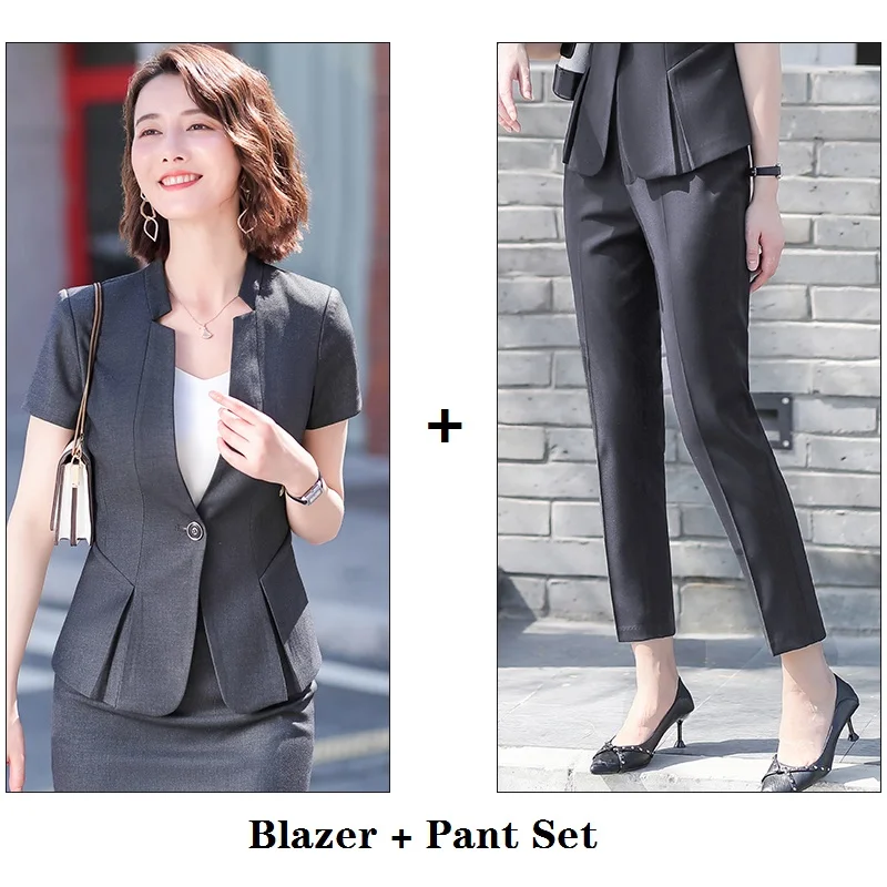 Blazer and Pant Set Летний формальный Серый Блейзер женские брюки Костюмы рабочая одежда наборы офисная Дамская Деловая одежда с коротким рукавом - Цвет: Blazer and Pant Set