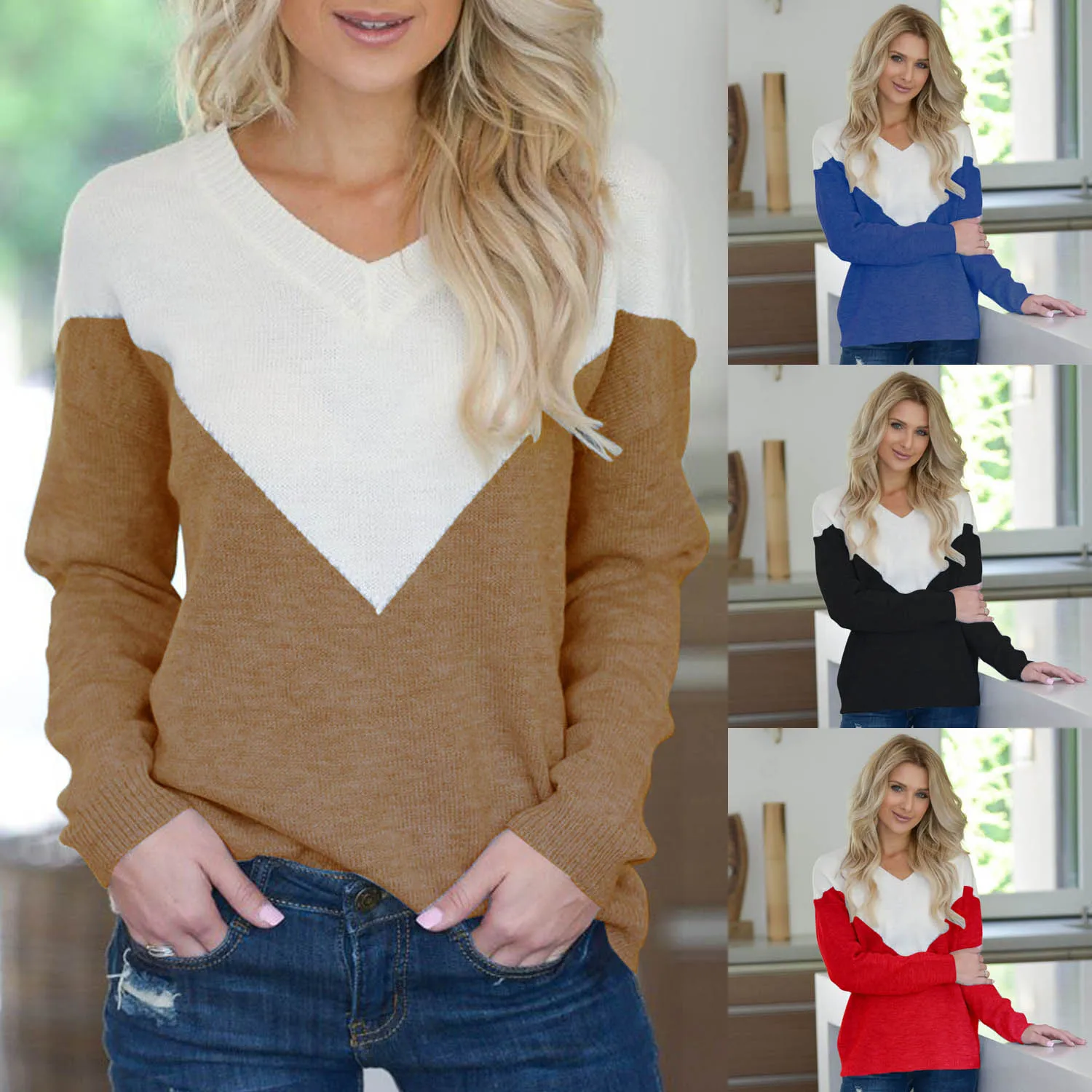 

Women's Knit Sweater Sexy V-neck Pullover 2019 New Autumn and Winter Colorblock Design Long Sleeve Sweater Simple Trendy Sweater