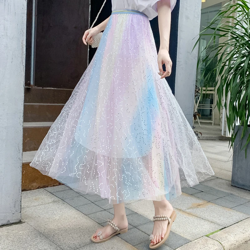 

Rainbow mesh pleated high waist long skirt bling sequined maxi skirts womens fashion faldas mujer moda 2020 new saia jupe femme