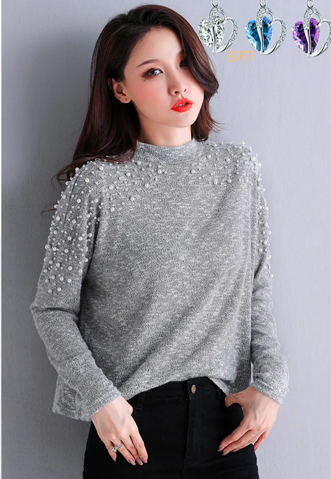 

Pearl Sweater Women Pullover Loose Korean Fashion Women's Clothing Fall Winter 2019 Warm Solid Jumpers Plus Size Woman Clothes