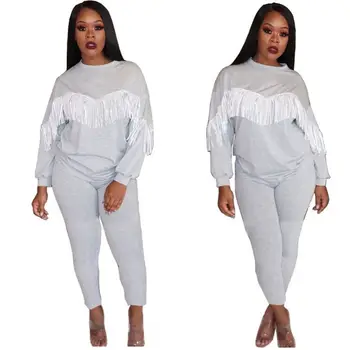 

Two Piece Set Women Sets Clothes Ubrania Damskie Conjuntos Mujer Gray Long Sleeve Tassel Casual 2 Piece Set Women Clothing