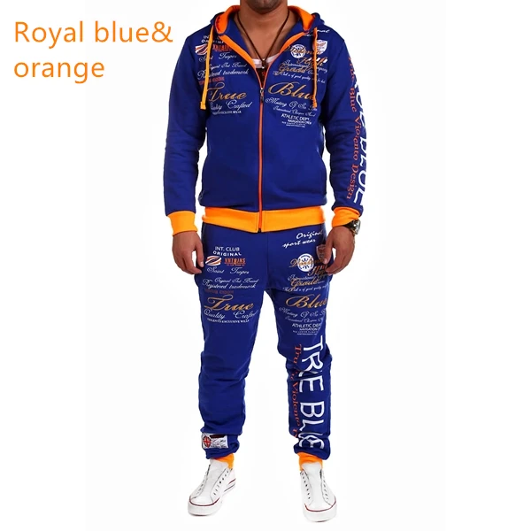 Royal blue orange ZOGAA, брендовые новые мужские спортивные костюмы, повседневный комплект из 2 предметов, толстовки, свитшоты с брюками, уличная одежда, мужской спортивный костюм, разноцветный мужской набор для бегунов - Цвет: Royal blue orange