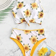 2021 Bikini Women's Bra Set Split Swimsuit Sexy Backless Printed Bikini Sunflower Two Fabric European and American Swimsuit