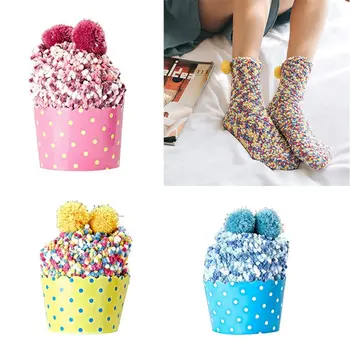 

3 Pairs Winter Warm DIY Cupcake Slipper Socks Fuzzy Coral Velvet Pompom Hosiery 24BC