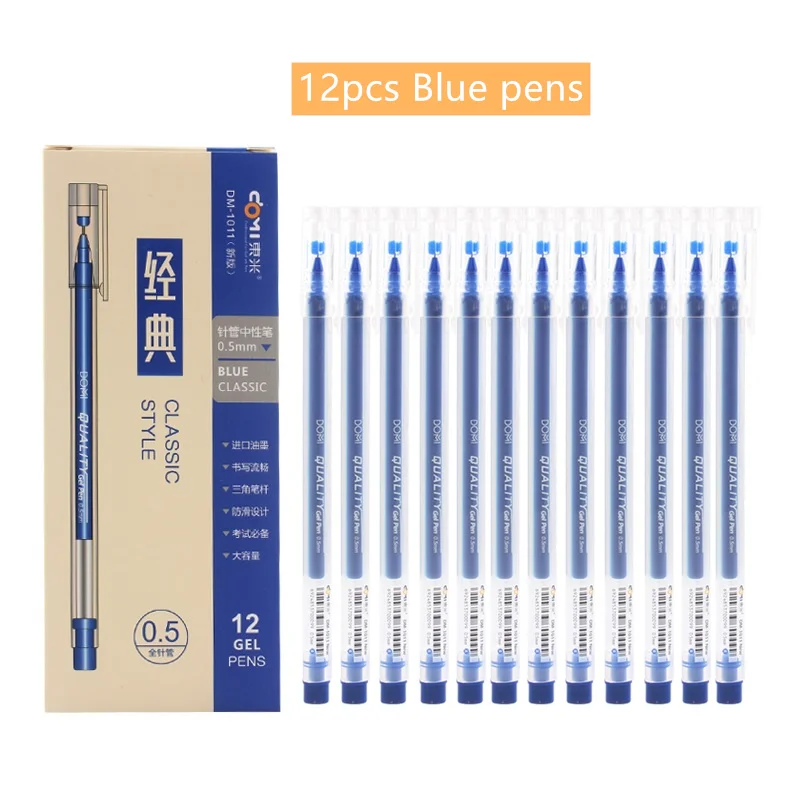 12 pcs Blue 12 шт., Классическая гелевая шариковая ручка, 0,5 мм, прозрачный треугольный корпус, черный, синий, красный цвет, ручки для письма, подписи, для офиса, школы, A6873 - Цвет: 12 pcs Blue