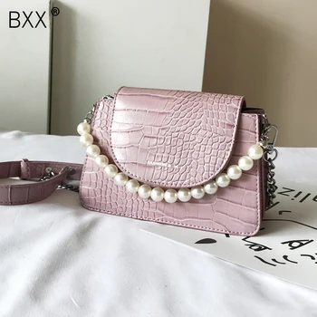 

[BXX] Stone Pattern PU Leather Pearl Chain Flap Bag Female Crossbody Bags For Women 2020 Summer Sweet Shoulder Handbags HM695