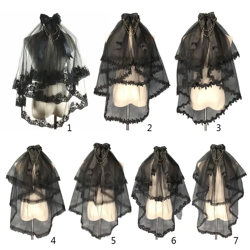 2 Слои со съемным бантом и отделкой из бус цепи свадебная фата Цветочные Кружева обода из черного тюля; с сеточной подкладкой; расческа для Для женщин Хэллоуин Косплэй Вечерние